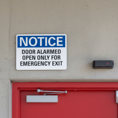 Notice Door alarmed open only for emergency exit