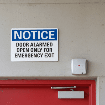 Notice Door alarmed open only for emergency exit