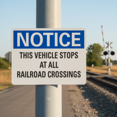 Notice This vehicle stops at all railroad crossings