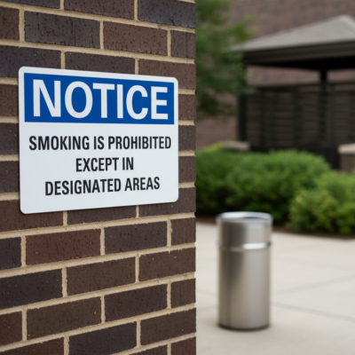 Smoking is prohibited except in designated areas English