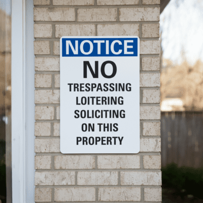 Notice No trespassing loitering soliciting on this