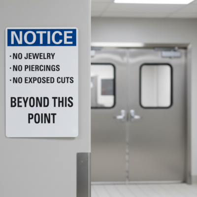 Notice No jewelry no piercings no exposed cuts beyond