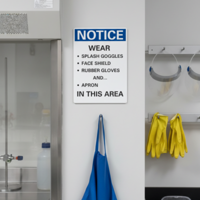 Notice Wear splash goggles face shield rubber gloves