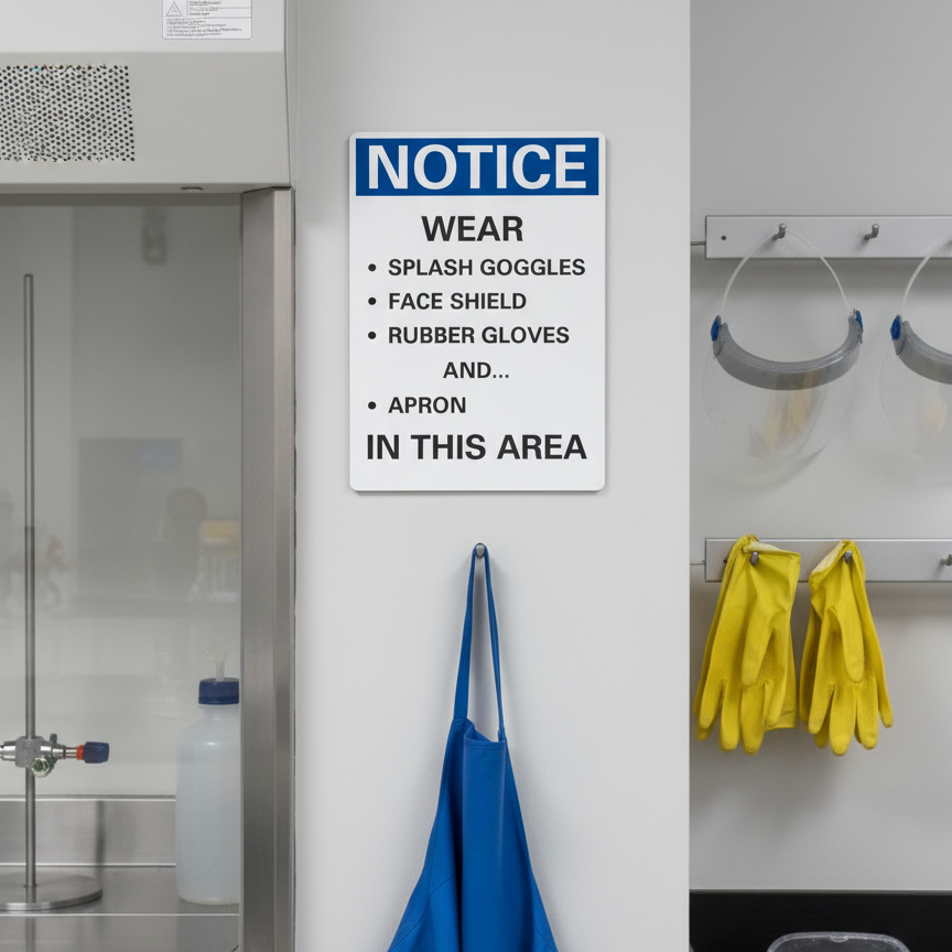 Notice Wear splash goggles face shield rubber gloves