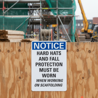 Notice Hard hats and fall protection must be worn when