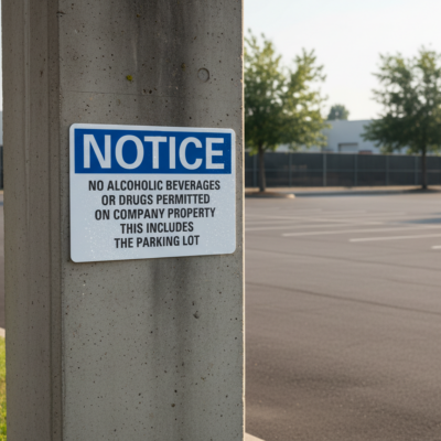 Notice No alcoholic beverages or drugs permitted on