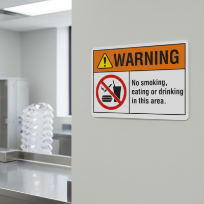 No smoking, eating or drinking in this area English