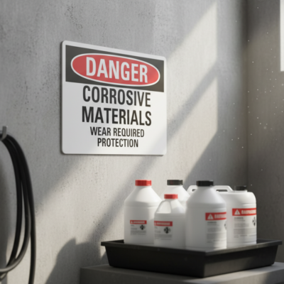 Danger Corrosive Materials Wear Required Protection
