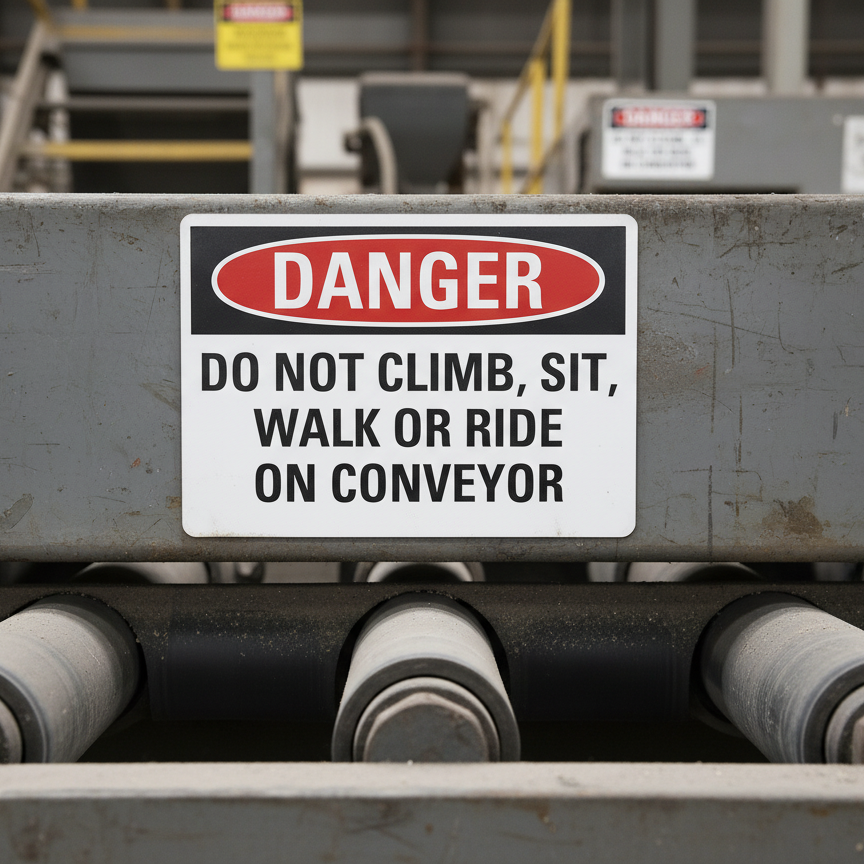 Danger Do Not Climb Sit, Walk Or Ride On Conveyor