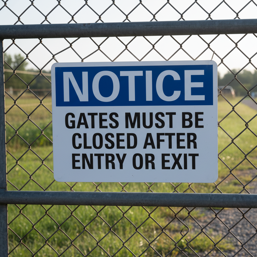 Notice Gates Must Be Closed After Entry Or Exit
