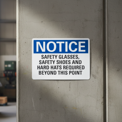 Notice Safety Glasses, Safety Shoes And Hard