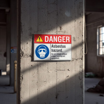 Danger Asbestos. Hazardous. Do not disturb without