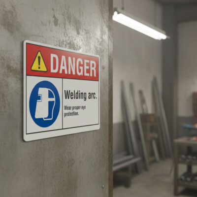 Danger Welding arc. Wear proper eye protection.