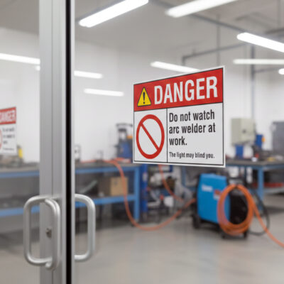 Danger Do not watch arc welder at work. The light may