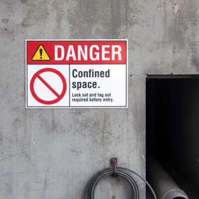 Danger Confined space. Lock out and tag out required