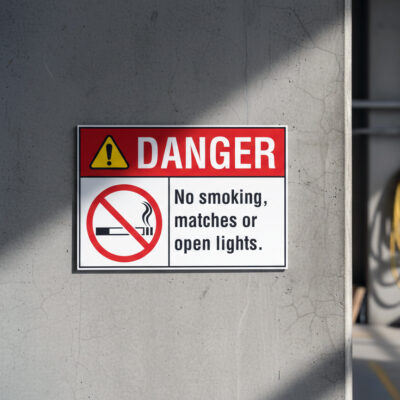 No smoking, matches or open lights. English