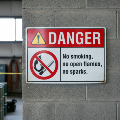 No smoking, no open flames, no sparks. English