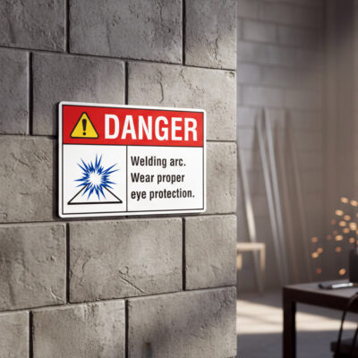 Danger Welding arc. Wear proper eye protection.