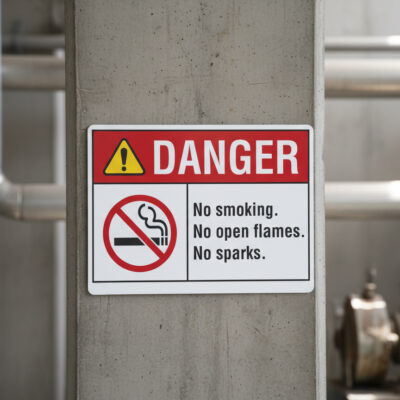 No smoking. No open flames. No sparks. English