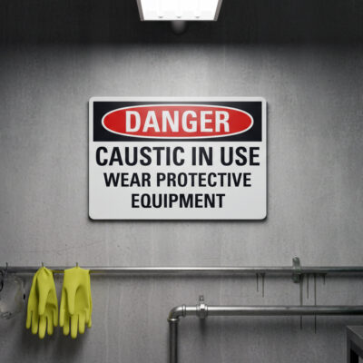 Danger Caustic in use wear protective equipment