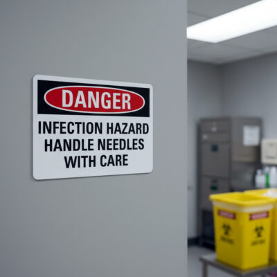 Danger Infection hazard handle needles with care