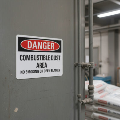 Danger Combustible dust area no smoking or open flame