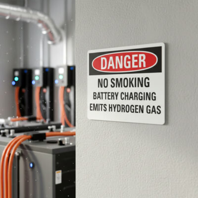 Danger No smoking battery charging emits hydrogen gas