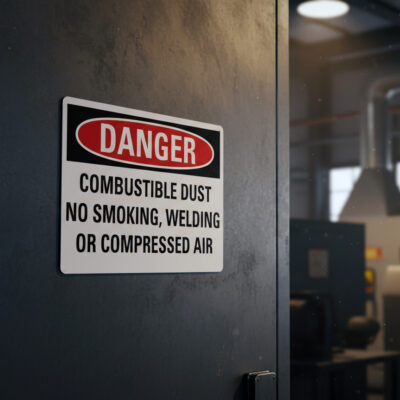 Danger Combustible dust no smoking, welding or