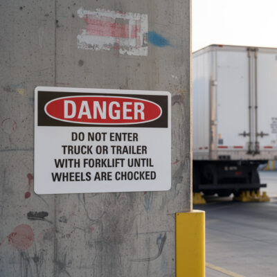 Danger Do not enter truck or trailer with forklift