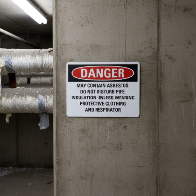 Danger May contain asbestos do not disturb pipe